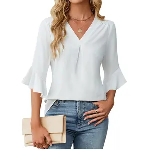 EncoLax Blouses for Women Dressy Casual 3/4 Length Sleeve Lace Patchwork Business Work Tops