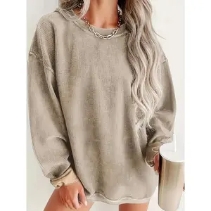 CorduroyLongSleeveCrewNeckSolidColorPulloverSweatshirt-SoftMicroElasticity,RegularLength,CasualStyleforSpring&Fall-WomensComfortableWovenCrewNeckSweaterforEverydayWear