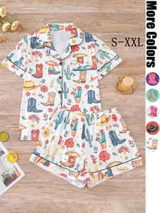 Women's All Over Cowboy Print Lapel Neck Button Front Pajama, Casual Comfy Short Sleeve Pocket Top & Elastic Waist Shorts PJ Set, Ladies Sleepwear Loungewear for All Seasons