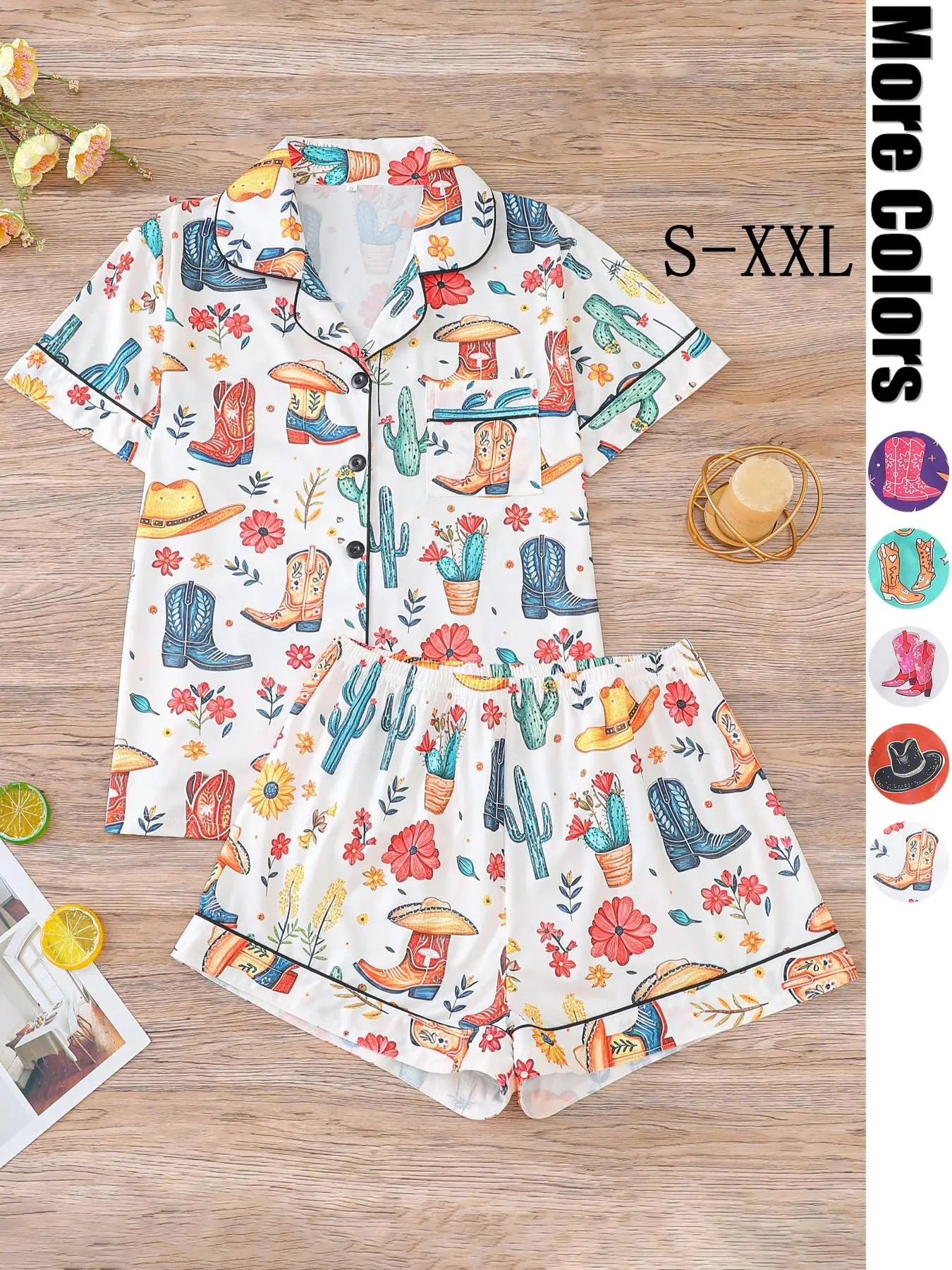 Women's All Over Cowboy Print Lapel Neck Button Front Pajama, Casual Comfy Short Sleeve Pocket Top & Elastic Waist Shorts PJ Set, Ladies Sleepwear for