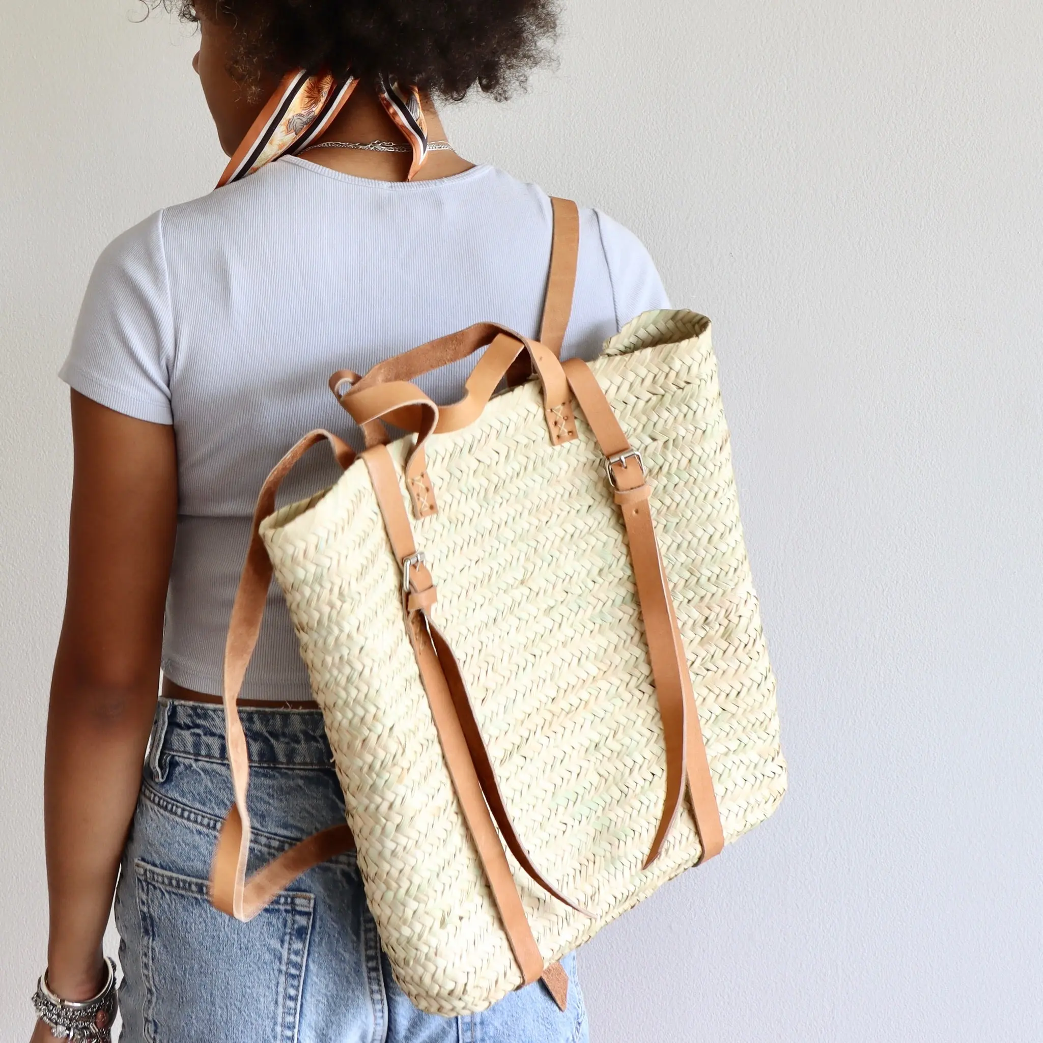 Aiden Straw & Leather French Market Backpack - Tan