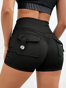 Women's High-Waisted Cycling Shorts, Button Pockets & Ruched Butt-Lift Design, Gym, Daily, Street Style, Summer, Fitness, Athletic Wear Shorts