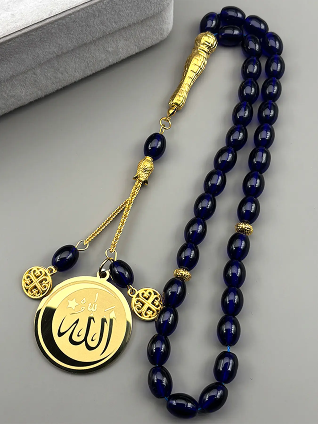 Muslim Islamic Quran Allah Crescent Moon Star Car Pendant Islamic Jewelry Stainless Steel 33 Blue Glass Prayer Beads Protection Amulet Arabic Gift Islamic Symbol Geometric Design