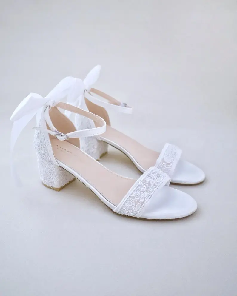 Crochet Lace Block Heel Wedding Sandals with Satin Back Bow - Bridesmaid Shoes, Bridesmaids Shoes, Women Sandals, Bridal Shoes