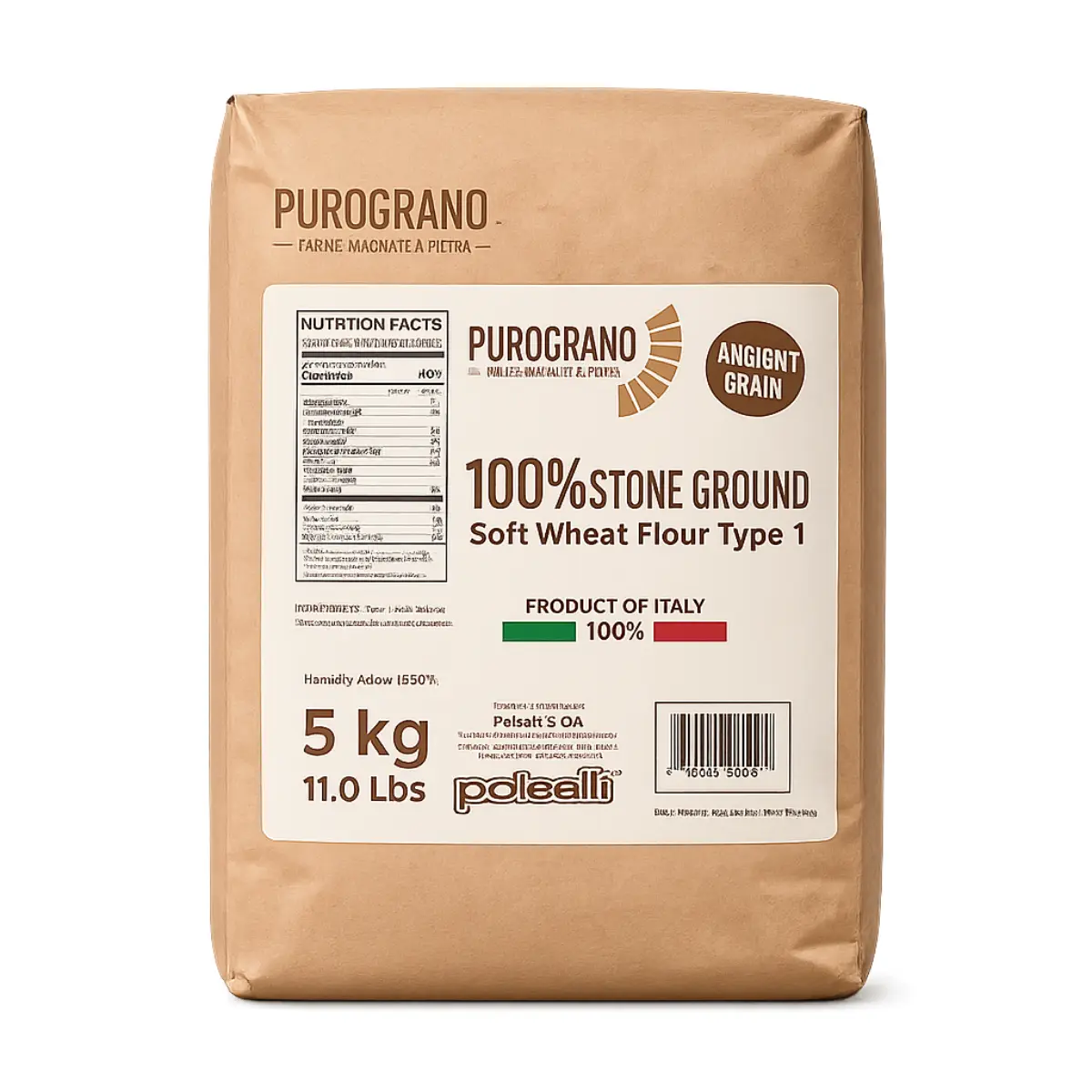 Polselli PuroGrano, Soft Wheat Flour Type 1 – 5kg (11 lb)