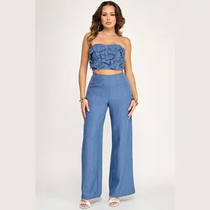 Flower Tube Top with Pants Set- Denim
