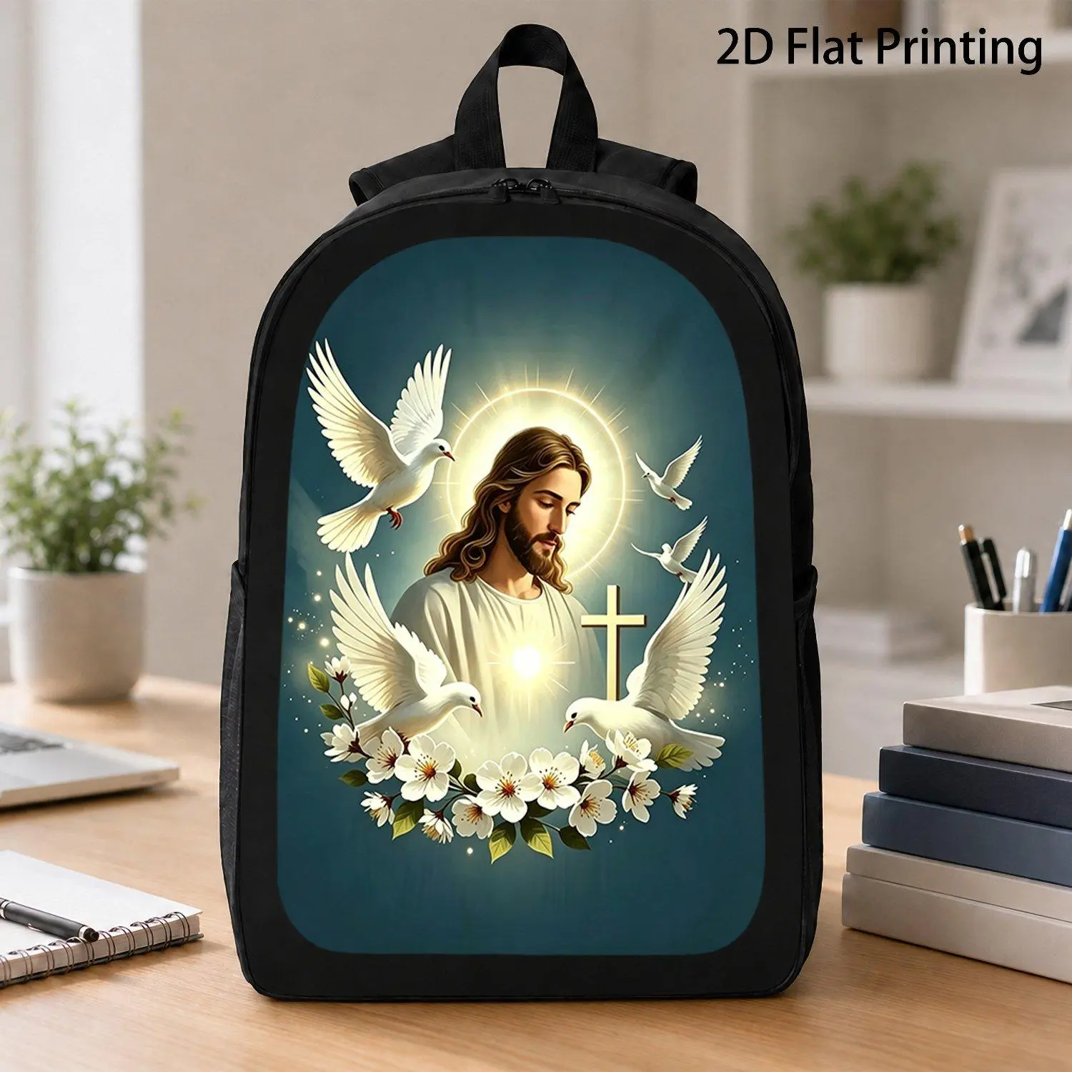 1pc Religious Backpack with Floral Dove & Cross Print - Large Capacity School Bookbag, Multi-Pocket Travel Daypack Suitable for Commuting, Church, College, Modifiable straps , Zipper Closure Daypack