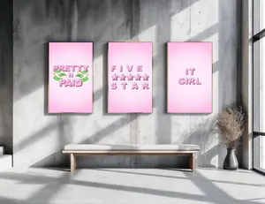 Pink Posters - Pretty N Paid, Five Star, Trendy Room Decor - It Girl Aesthetic Wall Art Set, Bubble Letters