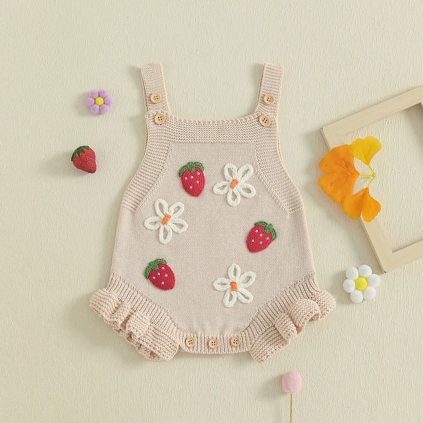 Baby Girl's Casual Knit Romper with Strawberry & Flower Crochet, Sleeveless Square Neck Cotton Onesie for Summer, Sleeveless Onesies, Baby Items Baby Clothing Baby Clothes Girl Newborn Outfits Infant Bodysuit