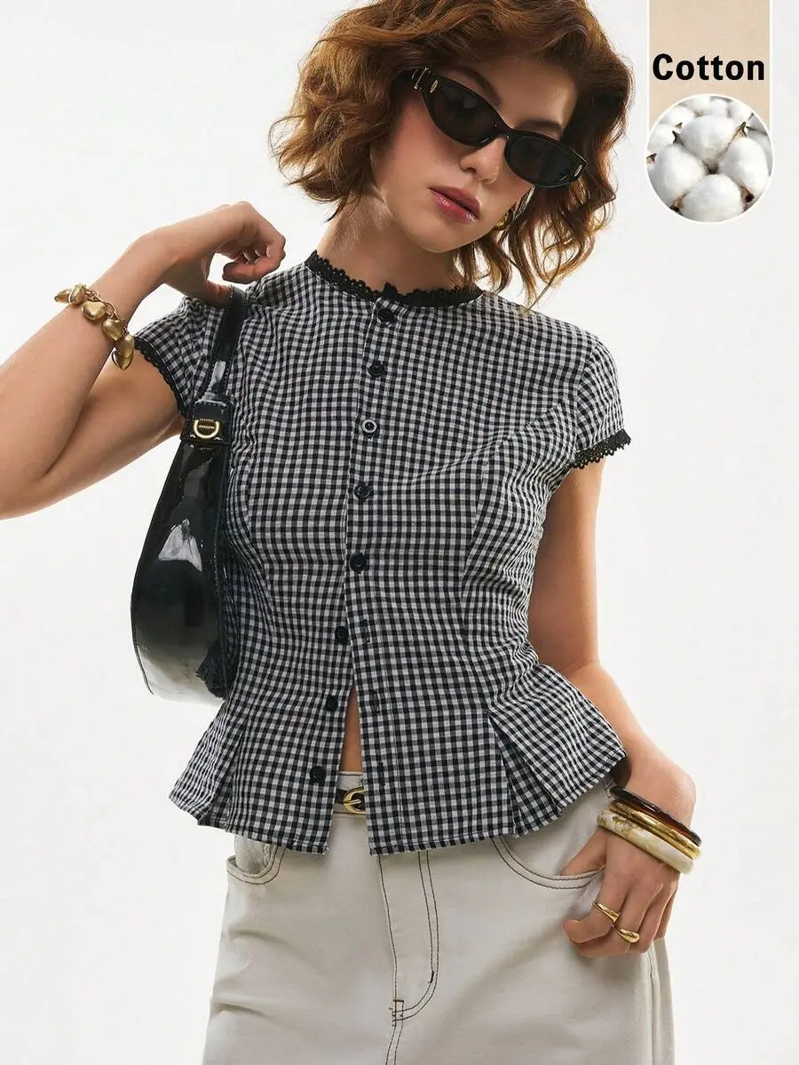 Amour Chic Women's Cotton Gingham Lace-Trim Peplum Button-Down Blouse,Short-Sleeve Vintage 2000s Shirt,Black And White Checkered,Cottagecore Vacation Back To School Out Fit