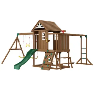 fathersdaygift VEVOR Wooden Swing Set, 10 IN 1 Playground Sets for Backyards, 2 Swings, Trapeze Bar, 6FT Slide, Large Upper Fort with Kitchen Toys, Flat Step Ladder, Rock Wall, Picnic Table, Sandbox, Scaling Ladder