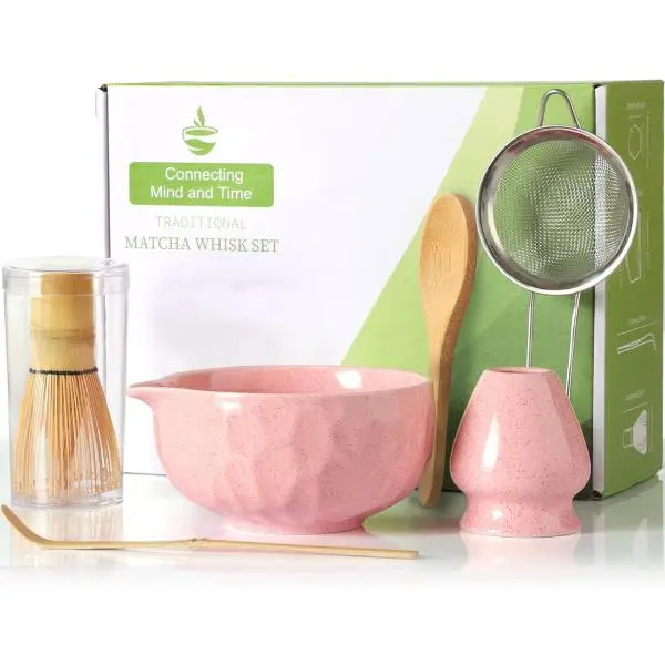 6PCS Matcha Whisk Set – Matcha Bowl with Spout, Bamboo Whisk, Whisk Holder, Scoop & Sifter for Traditional Tea Ceremony and Matcha Lovers