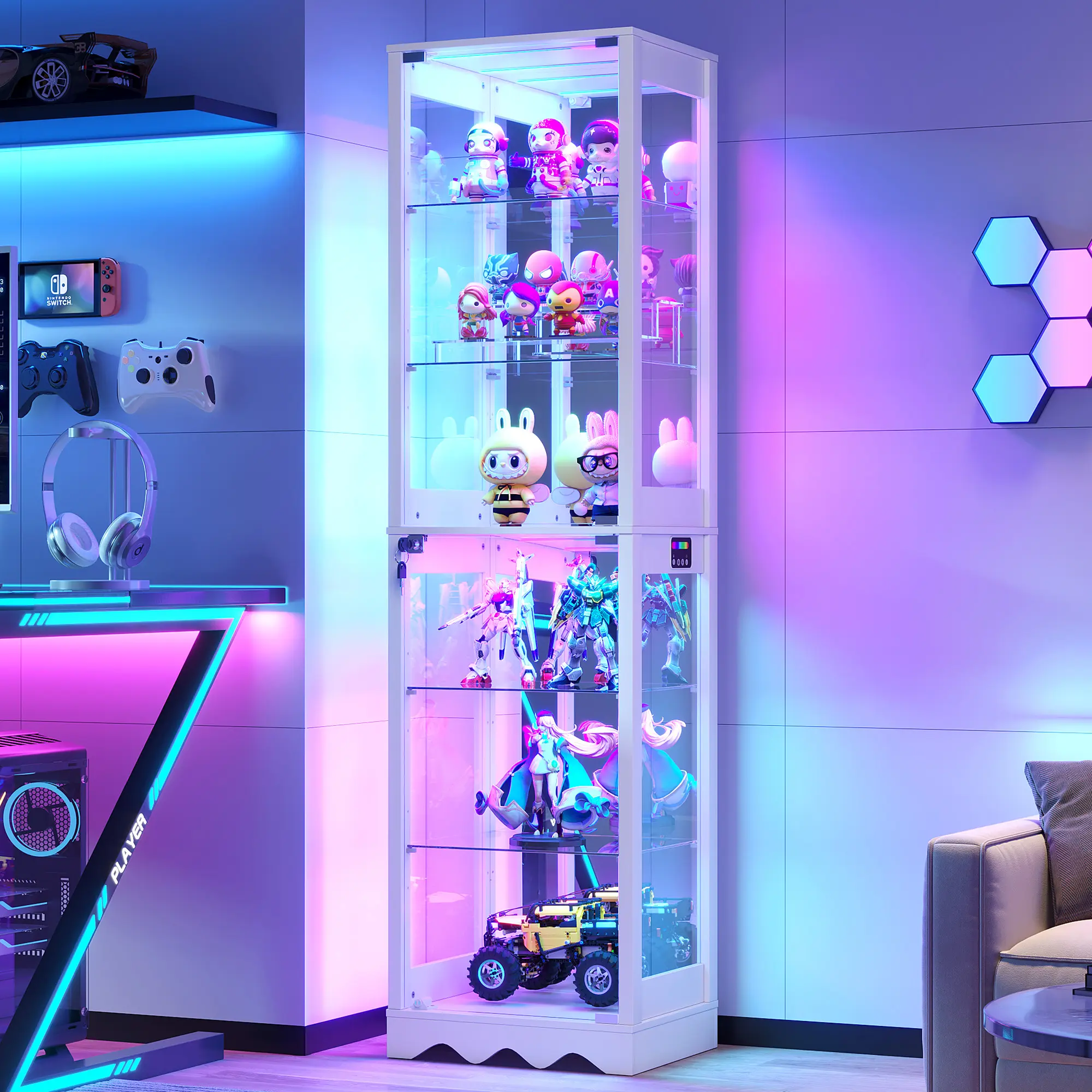 Dystler Lockable Tempered Glass Display Cabinet - 6-Tier Curio Cabinet with RGB Lights, Adjustable Shelves for Collectibles, Model Storage, Lockable Storage Cabinet, Tempered Glass Cabinet,summerwins