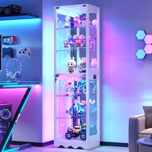 Dystler Display Cabinet with Glass Doors - 6 Tier Curio Cabinet with RGB Lights for Collectibles, LED Glass Display Case for Lego with Adjustable Shelves