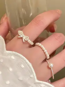 3pcs/Set Minimalist Bow Pearl Beaded Adjustable Rings Set, Sophisticated Stackable Jewelry For Daily Wear and Party Occasion, Great Jewelry Gifts For Girlfriend, Sister, Christmas, Valentine's Day, Birthday, Mother's Day