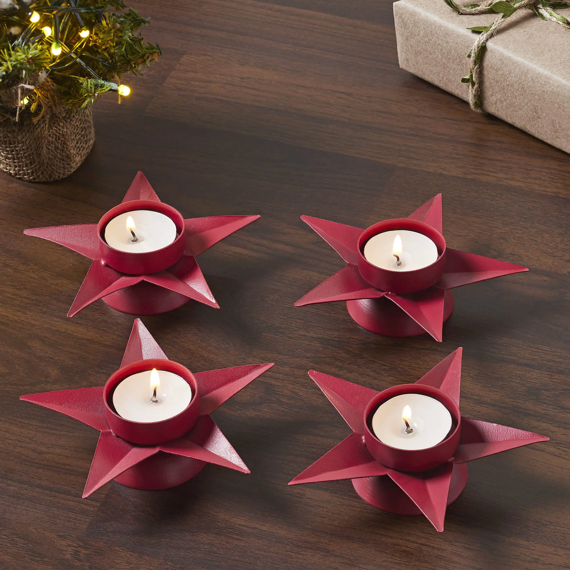 Metal Star Tealight Holder, Barn Red, Set of 4 - Home Decor Room Accessories for Kitchen