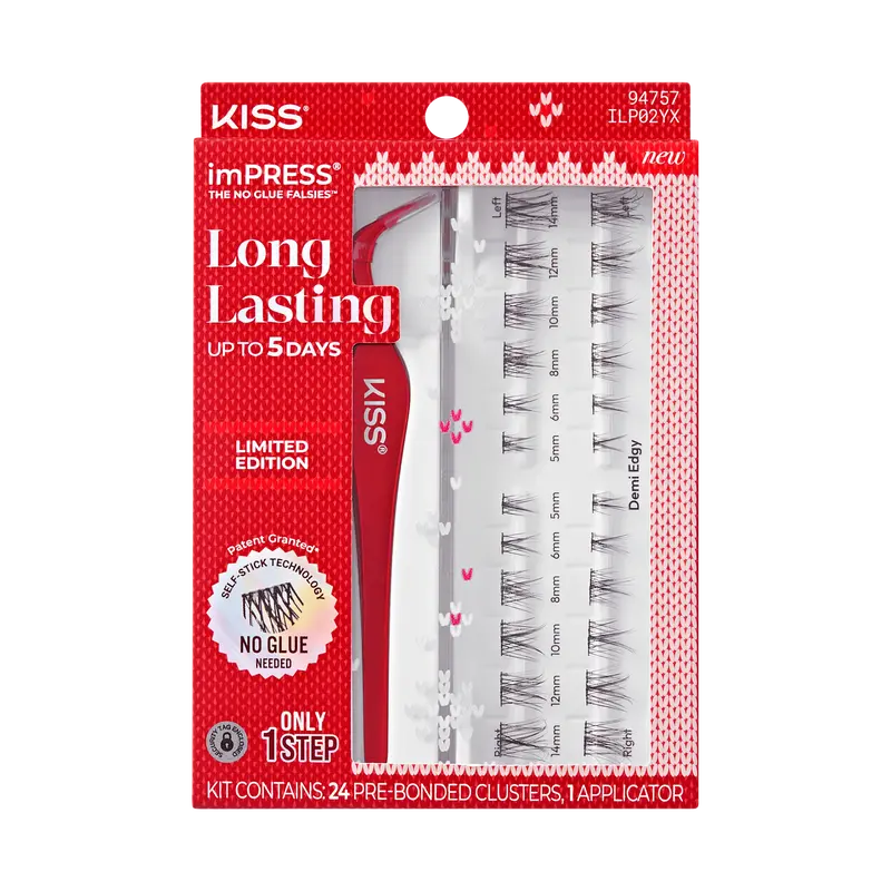 Impress Falsies Long Lasting Pre-Glued Holiday False Eyelashes - Demi Edgy | 24 Lash Clusters, Up To 5 Day Wear, 5mm-14mm
