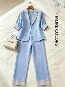 Two piece fashionable and high-end seven quarter sleeved suit set with striped and flanged design, versatile and stylish in the workplace, suitable for spring and summer, interviews, onboarding, business training, and light business parties