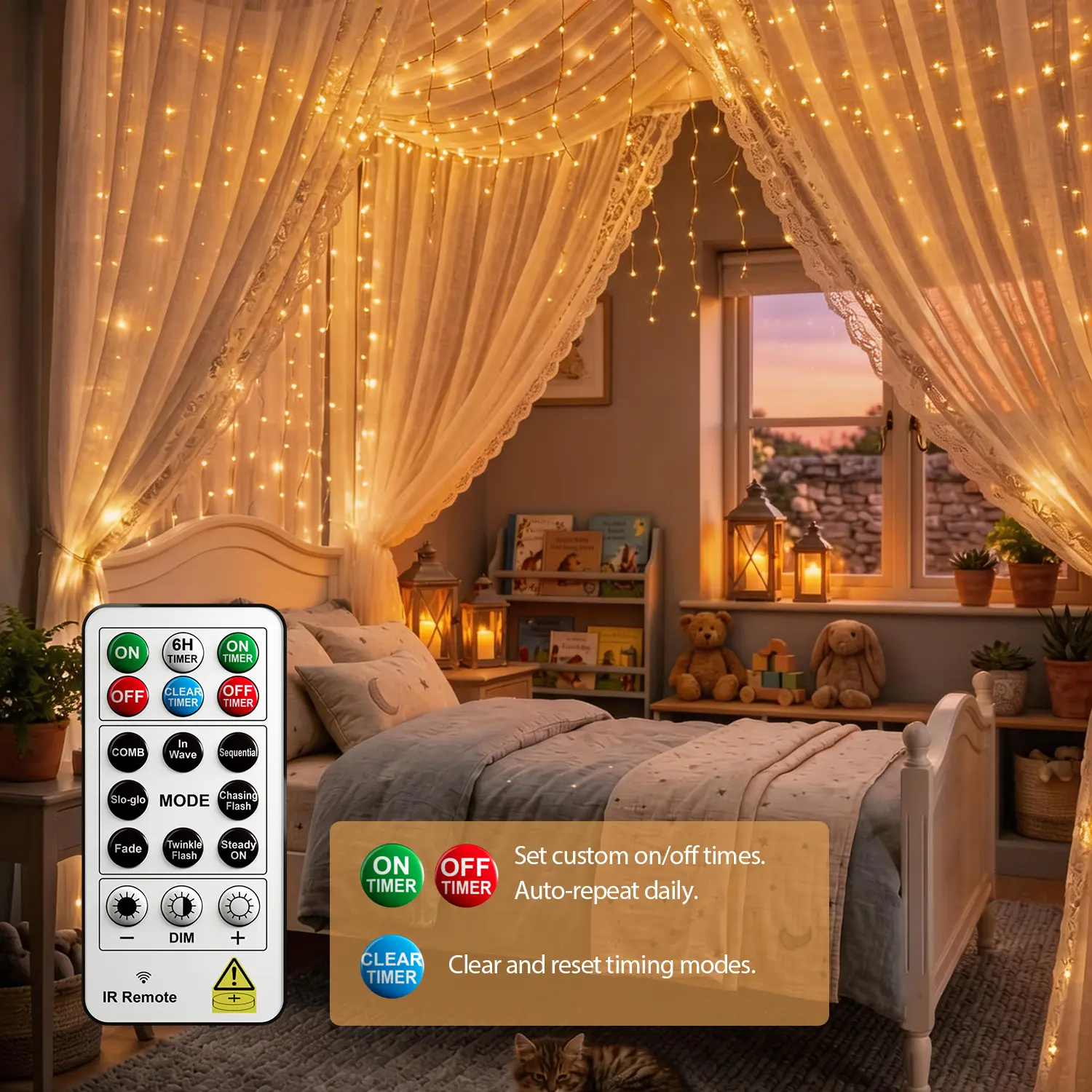 LED Curtain Lights 300 LEDs, USB Powered Fairy String Lights with Remote, 8 Modes, Timer, Dimmable, Warm White for Bedroom, Window, Wedding, Party Decor