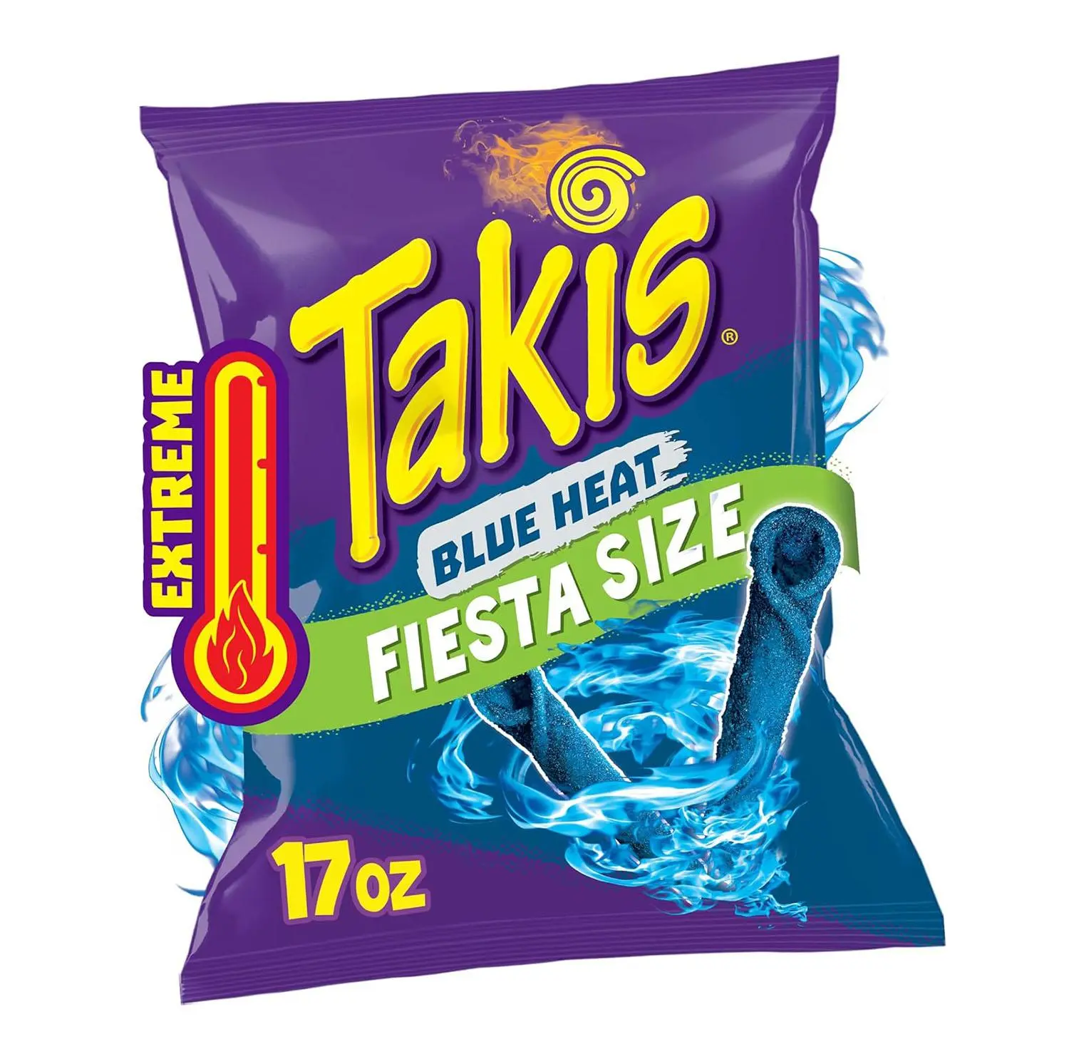 Takis Blue Heat 17 oz Fiesta Size Bag, Hot Chili Pepper Flavored Extreme Spicy Rolled Tortilla Chips