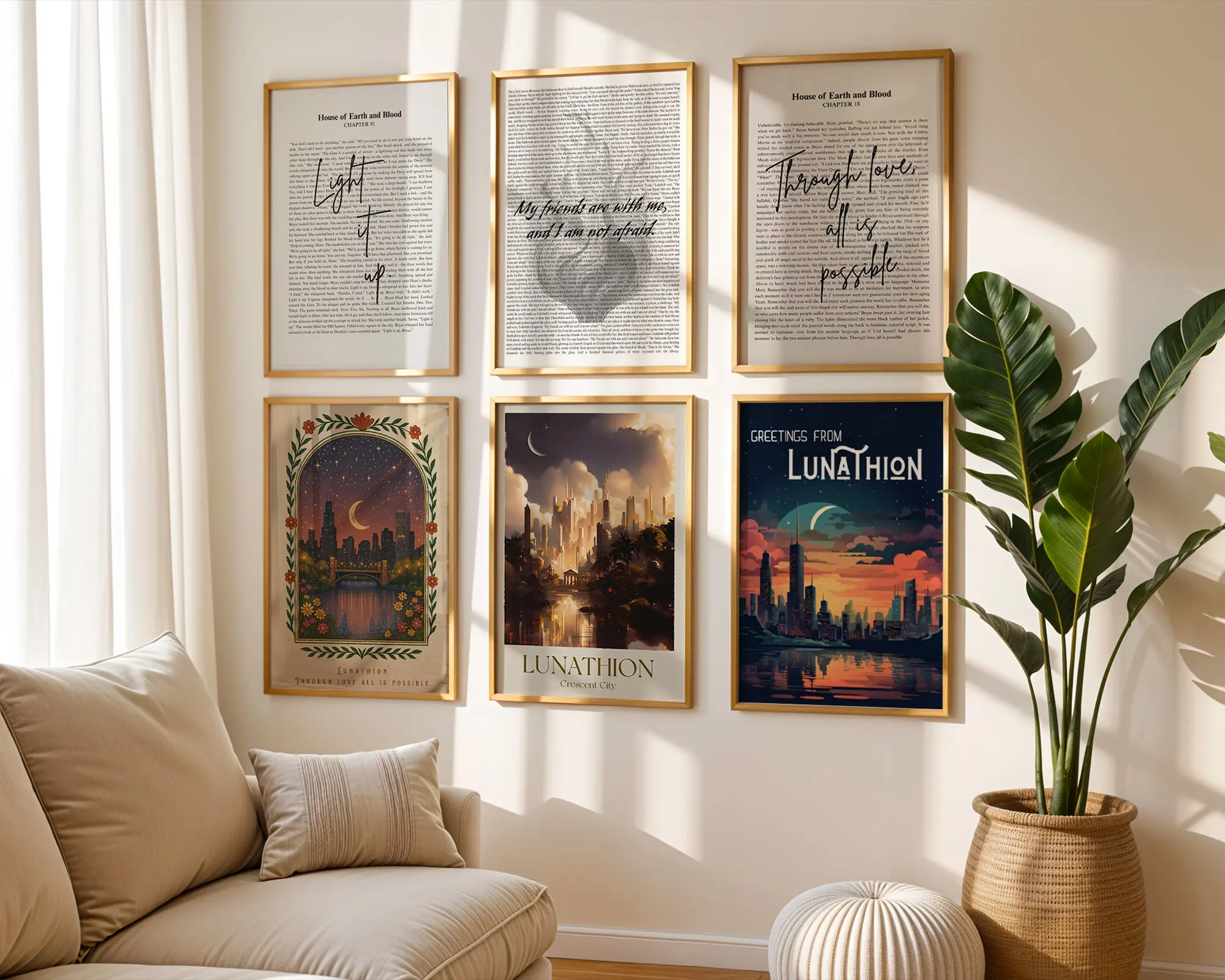 Lunathion Crescent City Unframed Poster Hunt Athalar Bryce Quinlan, House of Earth and Blood Quote Print, Through Love All Is Possible Wall Art, Bookish Wall Art
