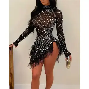 two-piece set woman Women nightclub Sexy Party dress European and American women's tassel mesh rhinestone dress Elegant Fashion Chic Long Sleeve Formal Womenswear Workwear