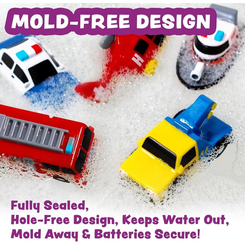 Emergency Cars Light Up Bath Toys, 6 Pack |   Water-Activated Light Up Toys Flash & Change Color |   Soft, Squeezable Baby & Toddler Bath Toys |   Sensory Toys with Bath Lights for Kids Bath