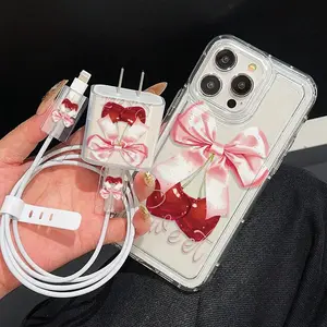 5-Piece iPhone Case Set with Transparent Metal Frame, Includes 1 Charger Sleeve, 2 Cable Protectors, Silicone Cable Tie for iPhone Models 11 to 15