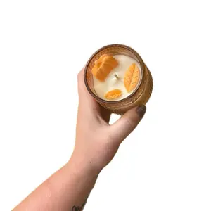 Pumpkin Pie 6oz Soy Candle in Unique Design with Orange Leaf Decorations