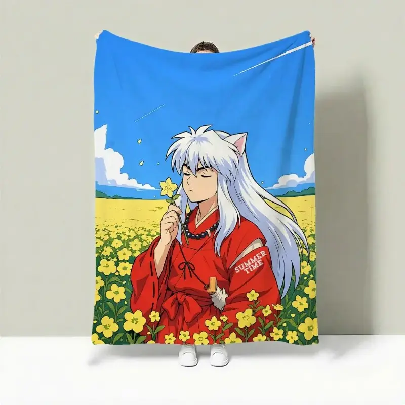 Inuyasha Print Flannel Throw Blanket, 240g Lightweight, Soft & Skin-Friendly, Summer Cooling, Portable for Anime Fans summerwins