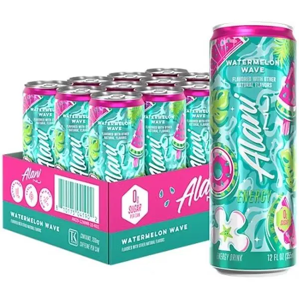 Alani Nu Gluten-Free 0-Sugar Energy Drink Cans - Watermelon Wave by Megan Moroney (12 Cans, 12 Fl. Oz. Each, 160 Fl. Oz. Total)