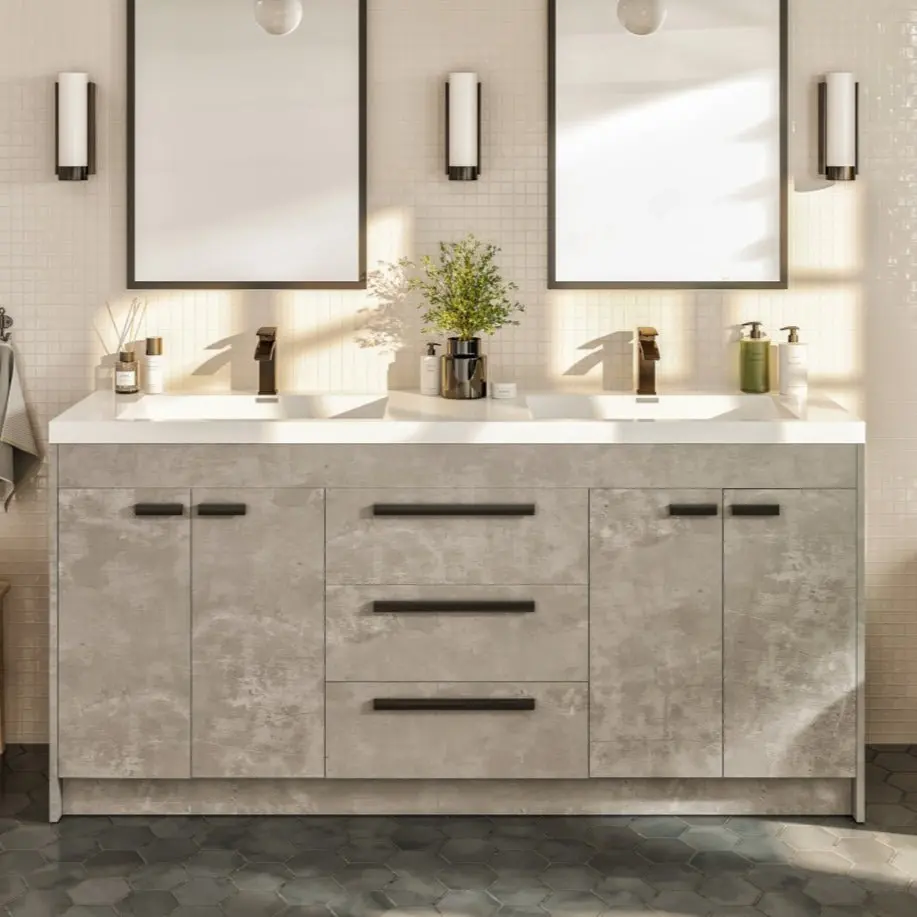 Lugano 60 in. Concrete Gray Double Sink  Bath Vanity with Acrylic Top and Integrated Sinks
