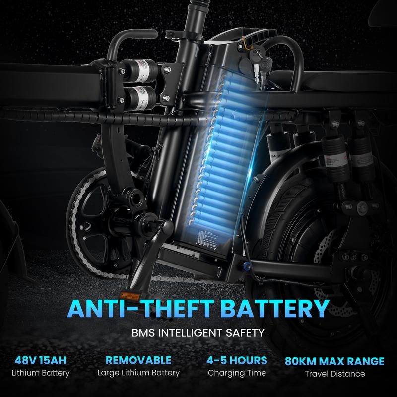 A9 Electric Bicycle 48V/16Ah Folding Bike for Adults, 14" Ebike Urban City, 10 Shock Absorptions, Cheap Affordable Time Trial Bike Handlebar Bag