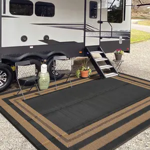 Gaomon 9x12 Rectangular Outdoor Rug, Waterproof Double Sided Plastic Straw Rug with Stake Loops, Foldable Portable Modern Geometric Mat for Patio, RV, Backyard (Black/Brown Panel) [Multi-Size Option Available]