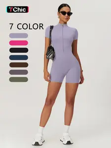 Women's Full Zip Yoga Bodysuit with Short Sleeves and Shorts, Waist-Enhancing Comfort and Fashion for Active Wear