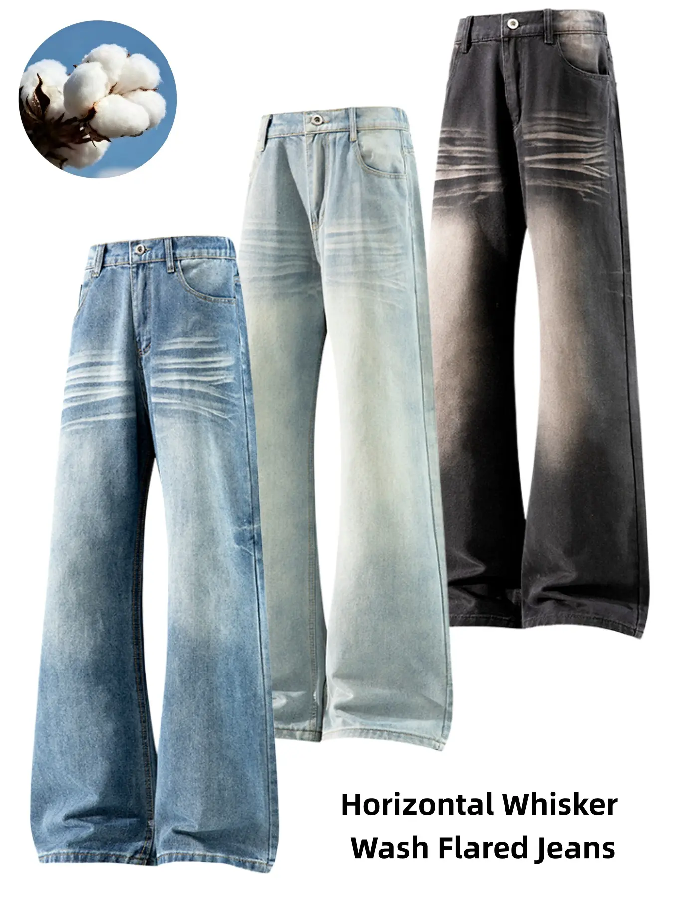 Men's Horizontal Whisker Wash Flared Jeans, Vintage Horizontal Faded Loose Flare Denim Pants, Whiskering Washed Streetwear Trousers, Elastic Back Waist Oversized Retro Denim Bottoms For Skater Hip Hop Urban Trendy Outfits