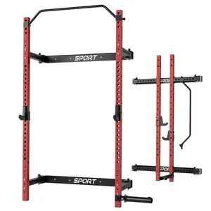 Space-Saving Wall Mount Foldable Squat Rack – 1000lbs Capacity Heavy-Duty Power Rack with Adjustable Pull Up Bar, J-Hooks & 360° Landmine – 2.36"x2.36" Steel Frame, Collapsible Garage Design