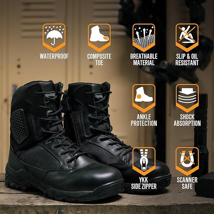 Magnum - Strike Force 8" Side Zipper Tactical Boots - Designed for Police, EMS, Security, Military, Hunting & Motorcycle w/Slip Resistant Michelin Outsole and Composite Toe