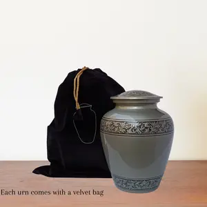 Gray Leaves Vines Large Adult Cremation Urn for Human Ashes — With Velvet Bag