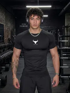 Men's Bull Strength Print Compression T-Shirt, Sweat-Wicking, Breathable Summer Workout Shirt, Gym Clothes Workout, Stretch Performance Base Layer, Ideal for CrossFit, Weightlifting, Outdoor Sports