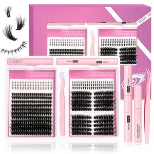 Lash Clusters Kit Gift Pack — 498Pcs DIY Fluffy D-Curl Cat-Eye Wispy Individual Eyelash Extensions with Bottom Lashes, Volume Studio Effect, Glue, Tweezers & Remover