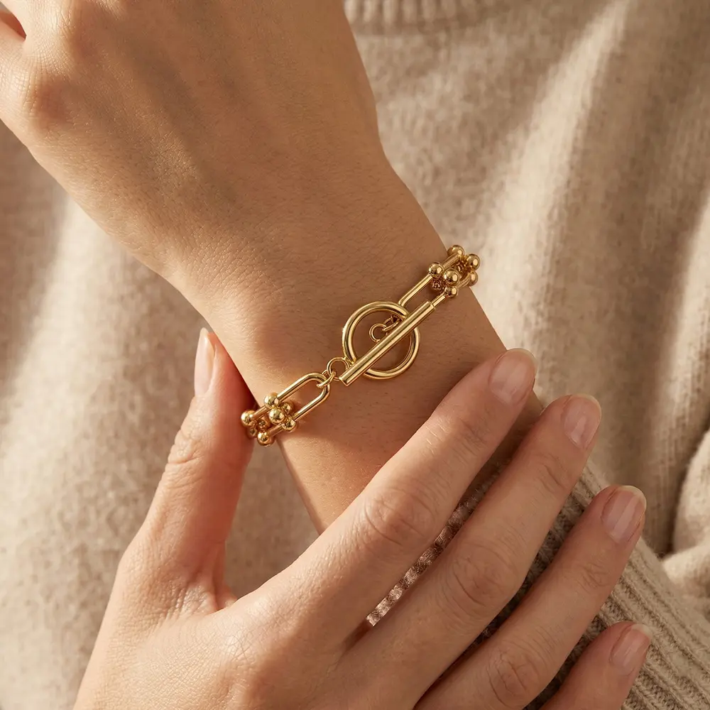 14K Gold-Plated U-Link Horseshoe Toggle Bracelet Chain Bracelet for Women Trendy OT Clasp