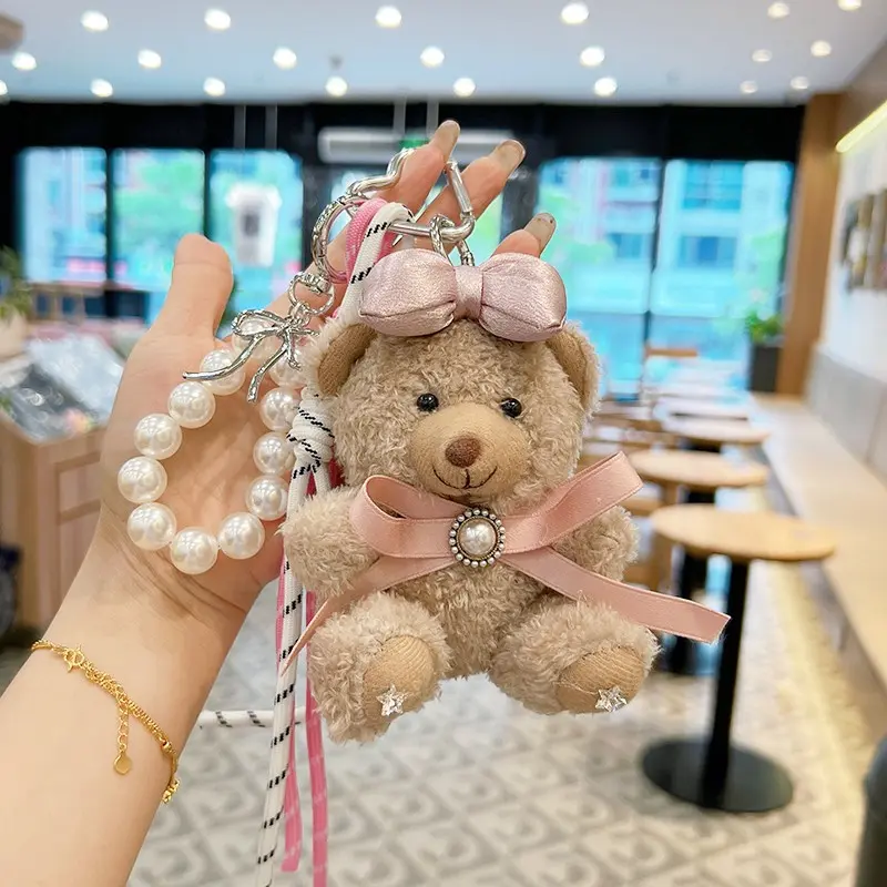 Creative New Bow Plush Bear Keychain Beaded Cartoon Bag Decoration Fashion Car Key Chain Ring Gift Hanging Ornament Cute Keychain