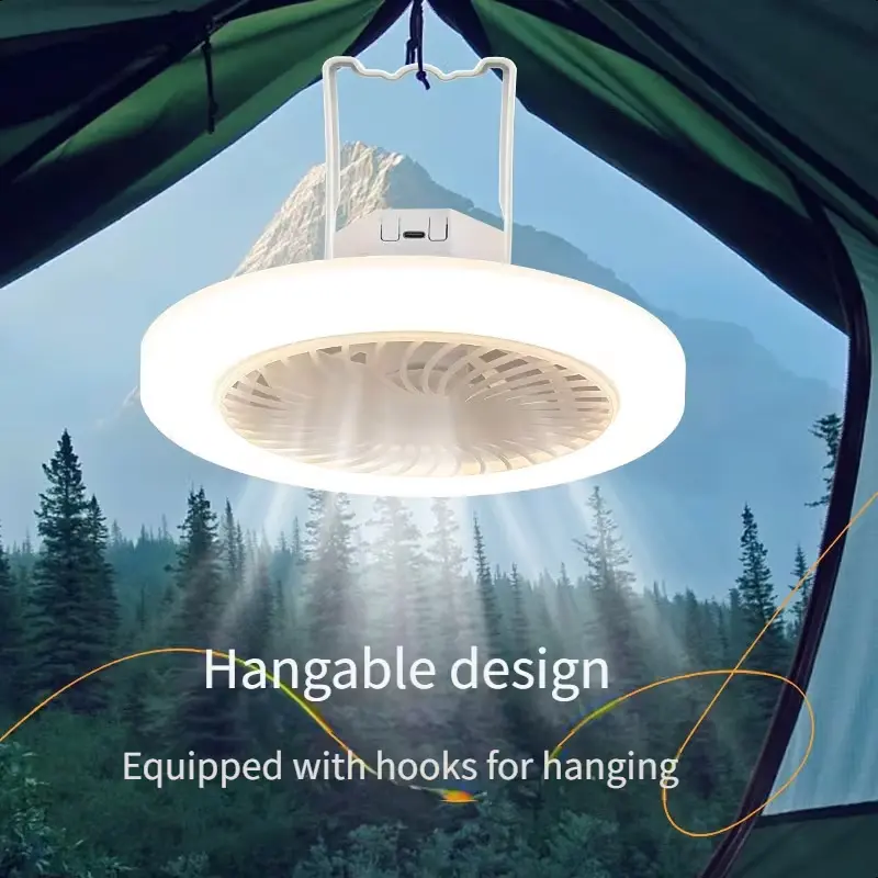 Outdoor Camping Ceiling Fan with Portable LED Light, USB Port, Battery-Powered, Ultra-Silent, Energy-Saving, Long Battery Life, Powerful Airflow for Tents, Home, Emergencies, Rechargeable Camping Fan Lanterns, Cool Outdoor Gadgets, Dorms, Led Portable Lan