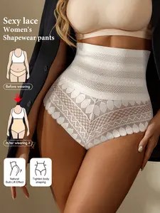 Women's Lace Shapewear Panties, Sexy Semi-Transparent High Waist Belly Control Thong, Elastic Waist Body Shaper Underwear Fit Womenswear