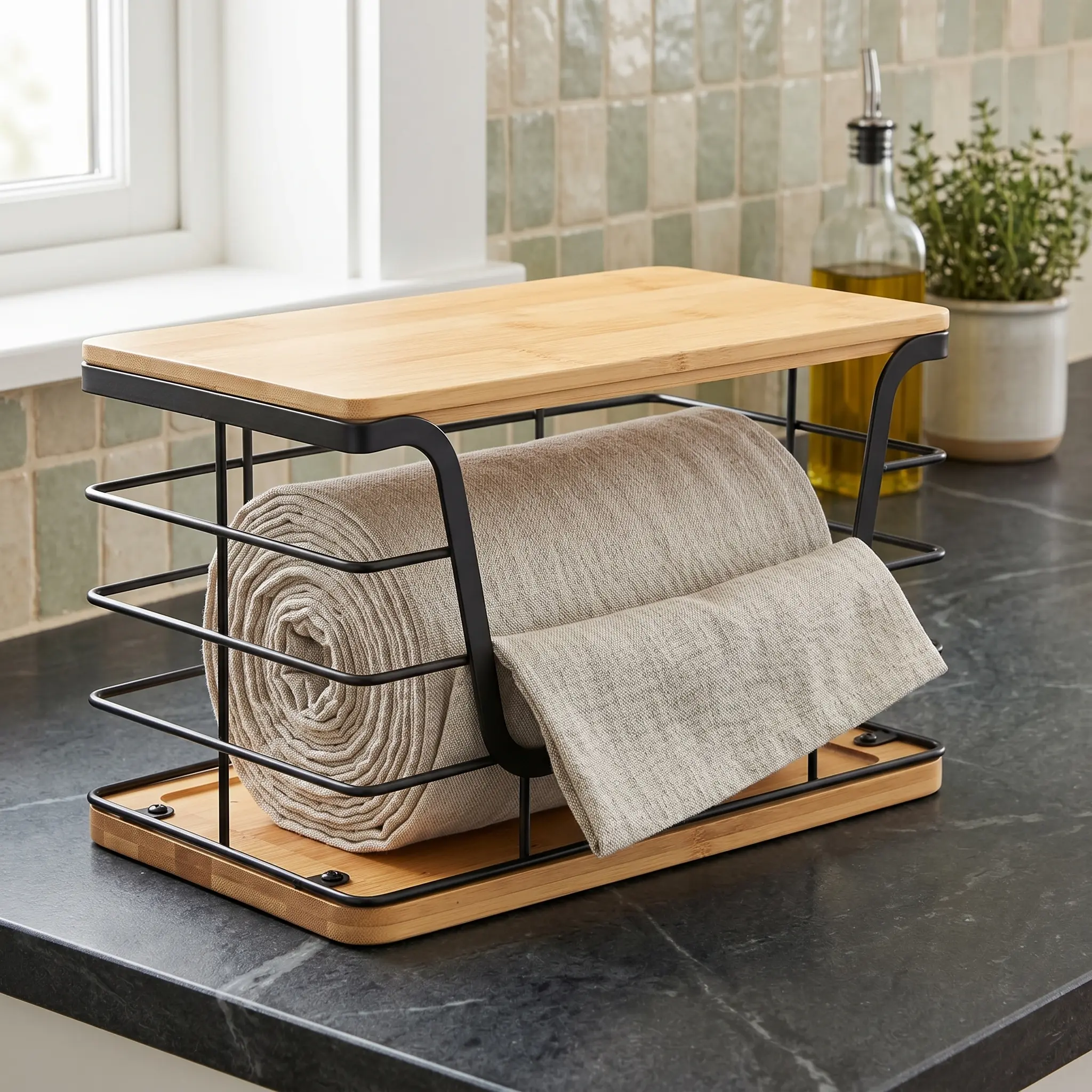 Large Wire Basket Pantry Organizer with Bamboo Top Stainless Steel Counter Storage Trash Bag Holder Black