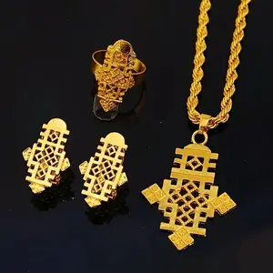 24KGP Exquisite Ethiopian 3-Piece Jewelry Set - Gold Necklace on Rope Chain, Matching Earrings & Ring, Meskel, Eritrean Lalibela Cross Axum