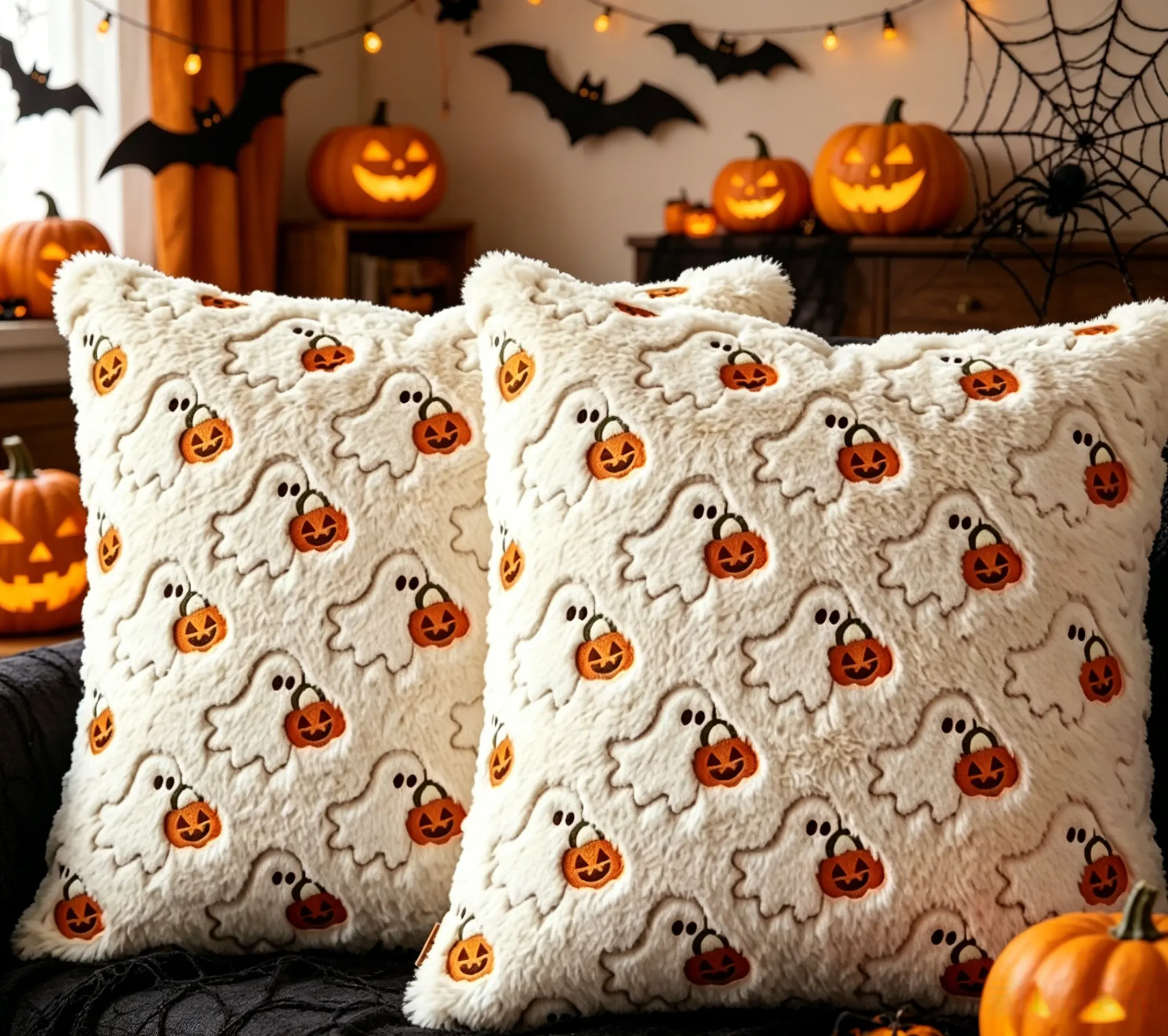 Halloween Pillow Covers 18x18 inch Set of 2  Ghost Throw Pillow Cases Soft Plush Pumpkin Throw Pillow Covers Faux Fur Wool Couch Cushion Case for Living Room Home Decor