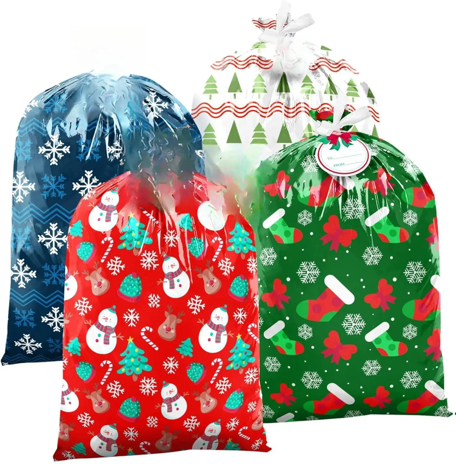 EverMerry Large Christmas Gift Bags for Presents 4 Patterns PE Material 30x35.5 inch with Cards & Ties for Holiday Gifts