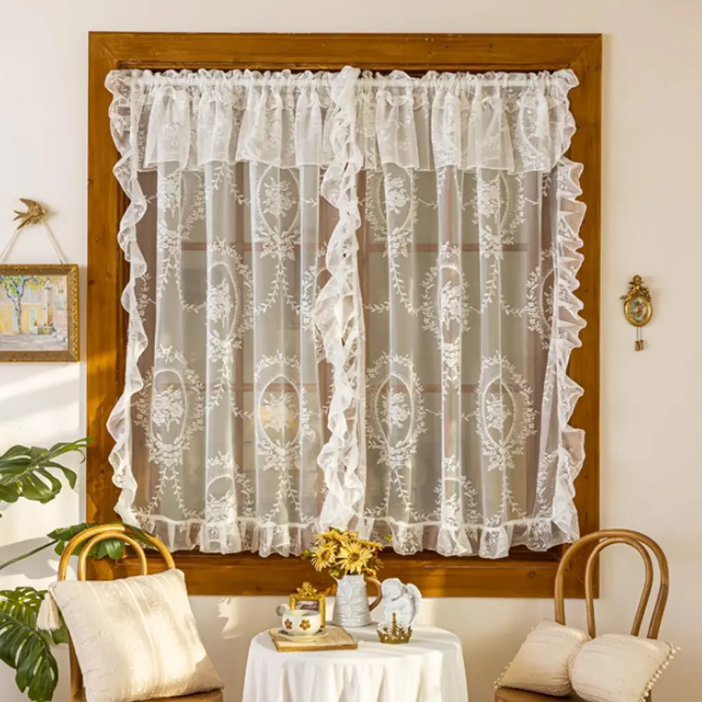1pc Romantic Embroidered Ruffled Edge Sheer Window Curtain with Valance Rod Pocket Style White Semi-Transparent Sheer Luxury Elegant Living Room Bedroom Decor Translucent Sheer Easy-Install Rod-Mounted Sheer
